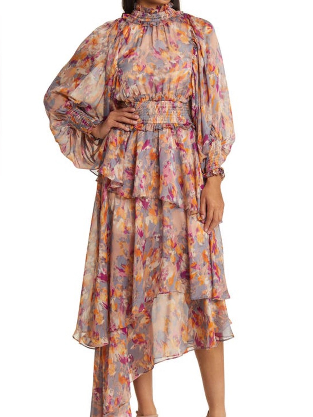 Elliatt Lavender Floral High-Low Tiered Maxi Dress